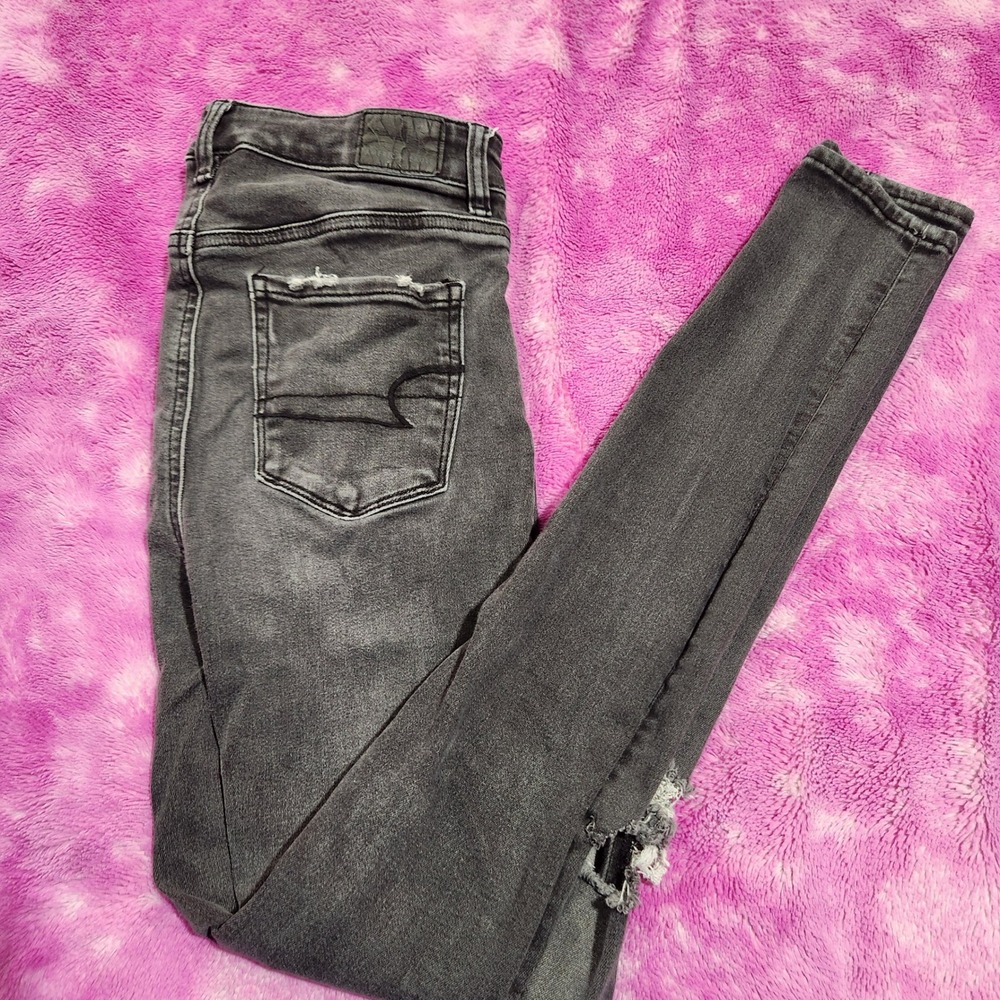American Eagle Next Level Stretch Jeans High Rise Distressed‎ Black Size 0 Long